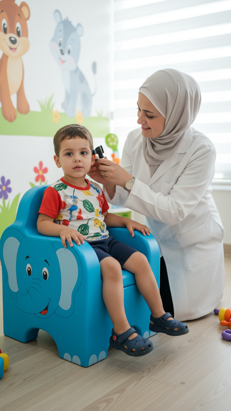 Dr. Raghad performing an ear examination on a young child