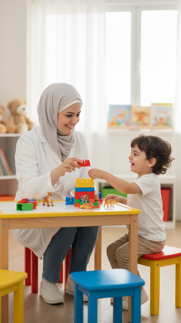 Dr. Raghad playing with a young patient